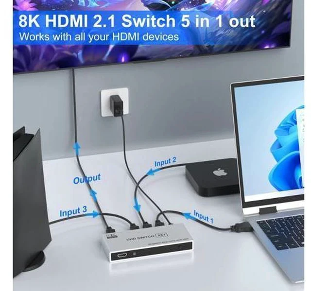 Alt view image 3 of 7 - 8K HDMI Switch 5 in 1 Out 8K@60Hz 4K@120Hz, HDMI 2.1 Splitter with IR Remote HDMI Switcher Selector Box Support 8K 4K 120Hz, HDMI 2.1 Switch for PS 5 4 3 Xbox DVD Blu-ray PC