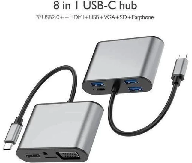 Alt view image 2 of 7 - 8 in 1 USB-C / Type-C to 3 USB 3.0 + USB-C / Type-C + HDMI + VGA Interfaces HUB Adapter with Micro SD Card Slot & 3.5mm AUX