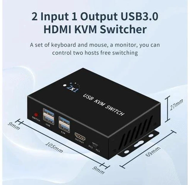 Alt view image 2 of 5 - KVM Switcher 2 Port hdmi 4K@60Hz,USB3.0, kvm Switch 1 Monitors 2 Computers and USB Switch 4 hubs, USB switcher 2 Computers km Keyboard Mouse Switch,Printer, Button and Desktop Controller Switching