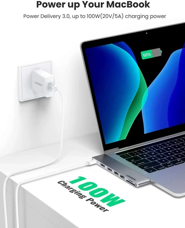 Alt view image 3 of 6 - UGREEN USB C to Dual HDMI Adapter ?7 in 1 USB C Thunderbolt 3 Adapter to Dual HDMI 2 USB 3.0 100W PD Port USB C to SD TF Card?for MacBook Air 2020 2019 2018 MacBook Pro 2020 2019 2018 2017