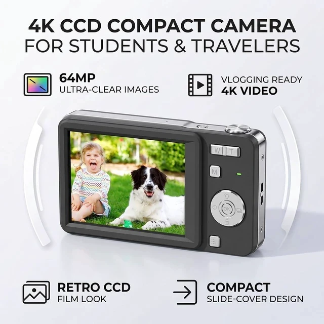 Alt view image 3 of 7 - 4K Digital Camera for Photography, 64MP Autofocus Sliding Vintage Camera (Black)
