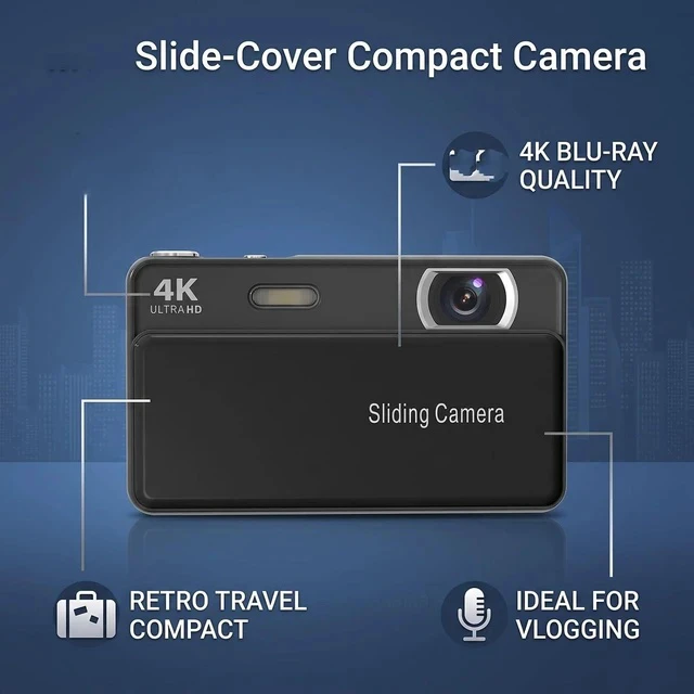 Alt view image 4 of 7 - 4K Digital Camera for Photography, 64MP Autofocus Sliding Vintage Camera (Black)