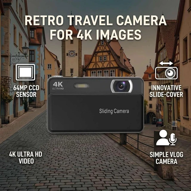 Alt view image 7 of 7 - 4K Digital Camera for Photography, 64MP Autofocus Sliding Vintage Camera (Black)