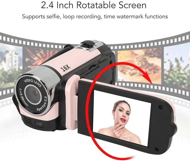 Alt view image 2 of 7 - D90 Digital Video Camera - 1080P 16MP Handheld Video Camcorder 16x Digital Zoom Video Camera with 2.7in TFT Rotatable Screen, HD Video Recorder Camera with Fill Light (Rose), Pink