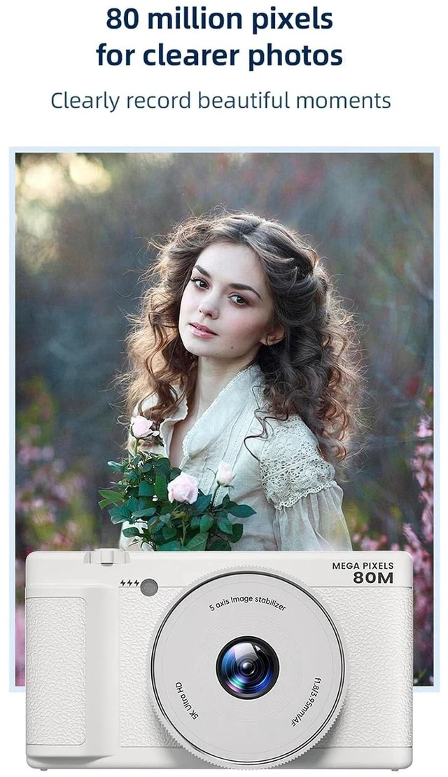 Alt view image 2 of 7 - 5K Compact Digital Camera, 2.8 Inch 270 Degree Flip Screen, Built in Flash and 18X Digital Zoom, 80MP Digital Point and Shoot Camera for Photography (White)