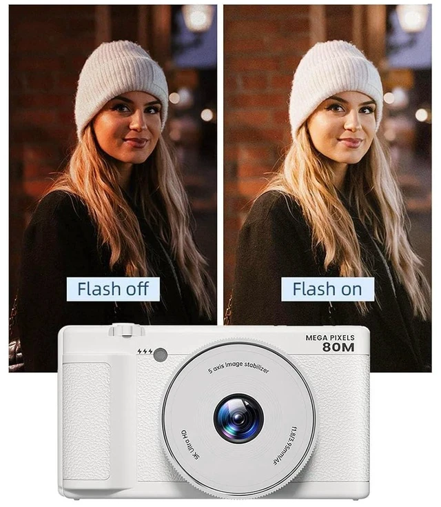 Alt view image 6 of 7 - 5K Compact Digital Camera, 2.8 Inch 270 Degree Flip Screen, Built in Flash and 18X Digital Zoom, 80MP Digital Point and Shoot Camera for Photography (White)