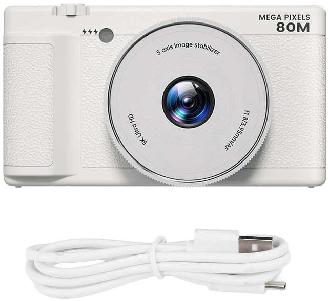 Alt view image 7 of 7 - 5K Compact Digital Camera, 2.8 Inch 270 Degree Flip Screen, Built in Flash and 18X Digital Zoom, 80MP Digital Point and Shoot Camera for Photography (White)