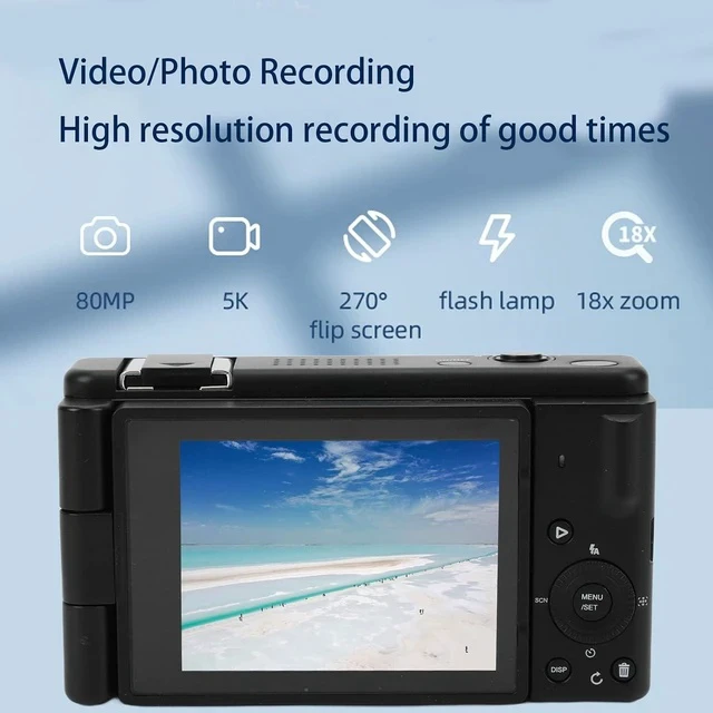 Alt view image 2 of 7 - 5K Compact Digital Camera, 2.8 Inch 270 Degree Flip Screen, Built in Flash and 18X Digital Zoom, 80MP Digital Point and Shoot Camera for Photography (Black)
