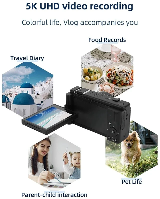 Alt view image 4 of 7 - 5K Compact Digital Camera, 2.8 Inch 270 Degree Flip Screen, Built in Flash and 18X Digital Zoom, 80MP Digital Point and Shoot Camera for Photography (Black)