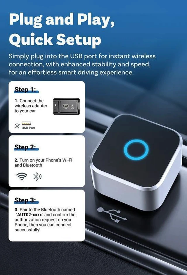 Alt view image 7 of 7 - Wireless CarPlay Adapter Mini Cube Android Auto Car AI Box, Plug and Play Wireless CarPlay Dongle for Factory CarPlay Vehicles, WiFi Auto Connection Car Multimedia Streaming Box