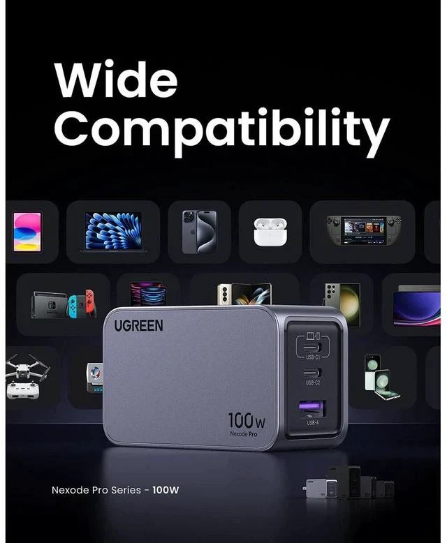 Alt view image 7 of 7 - UGREEN Nexode Pro 100W 3-Port USB GaN Wall Charger