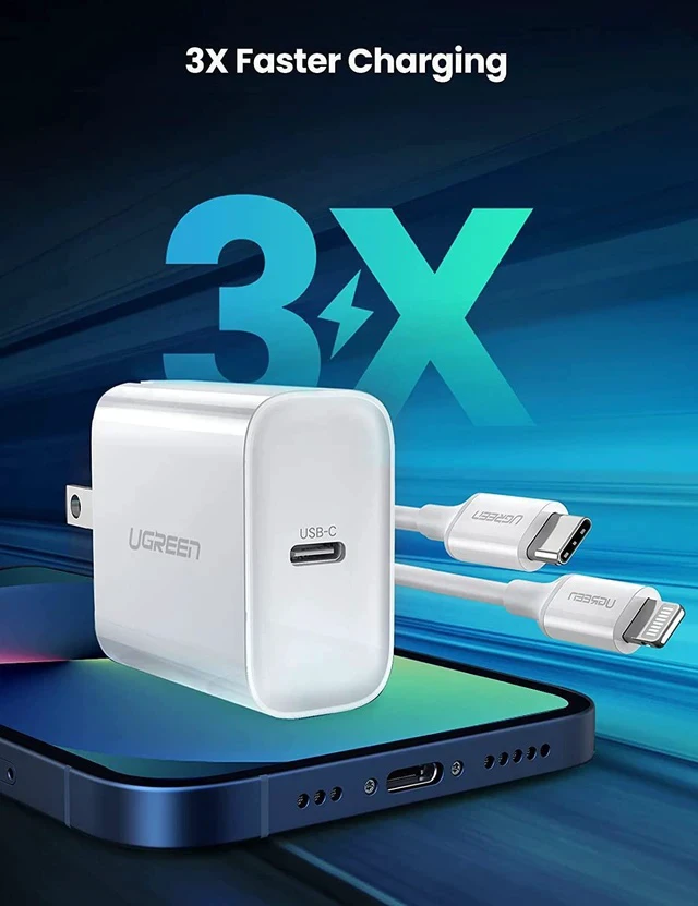 Alt view image 2 of 7 - UGREEN 18W USB C PD Fast Charger with USB C to Lightning Cable MFi Certified iPhone Charging Cable 3FT Compatible for iPhone 13/13 Mini/13 Pro/13 Pro Max/12, iPad, AirPods Pro, Galaxy S20/Note20