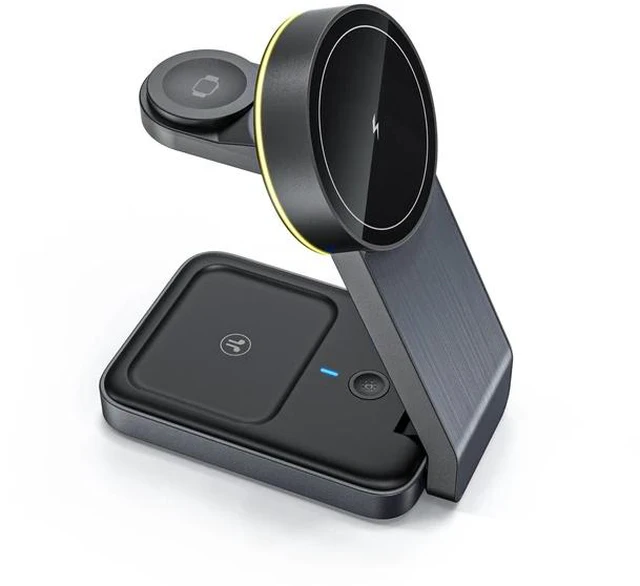 Main image of Magnetic 3-in-1 Wireless Charger Aluminum Alloy 15W Fast Charging, Foldable Phone Stand Charging Dock - W79 black