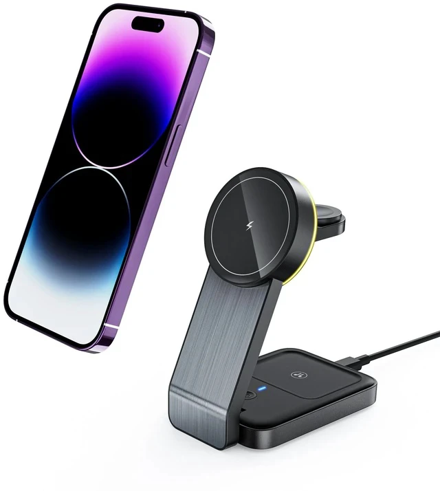 Alt view image 2 of 5 - Magnetic 3-in-1 Wireless Charger Aluminum Alloy 15W Fast Charging, Foldable Phone Stand Charging Dock - W79 black
