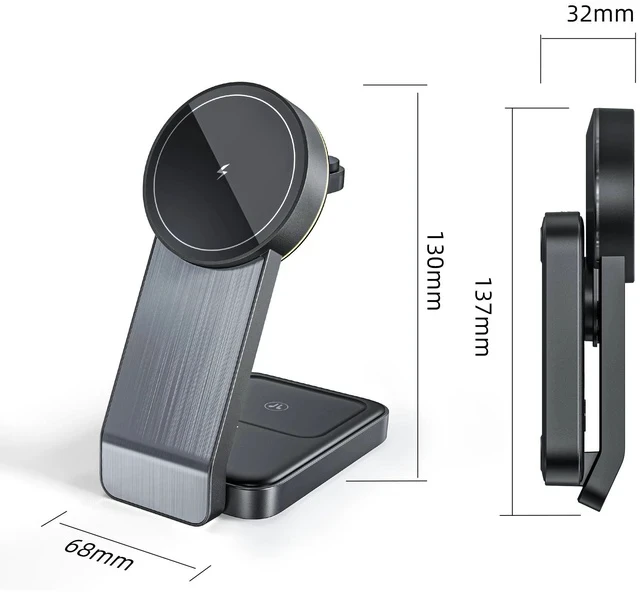 Alt view image 5 of 5 - Magnetic 3-in-1 Wireless Charger Aluminum Alloy 15W Fast Charging, Foldable Phone Stand Charging Dock - W79 black