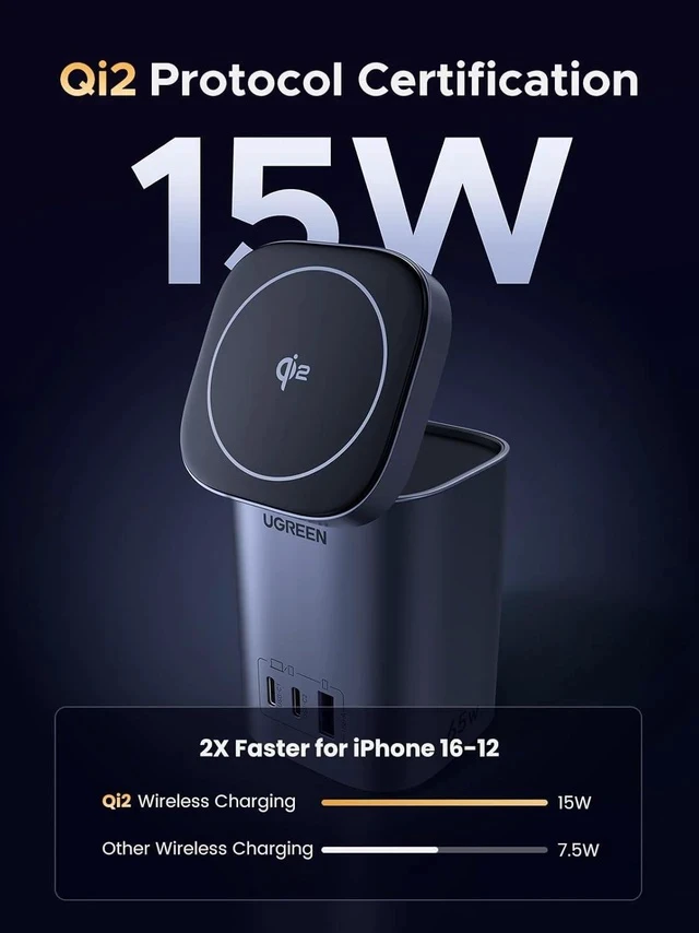 Alt view image 3 of 7 - UGREEN Nexode 65W GaN Charging Station 3-Port with 15W Qi2 Wireless Charger Stand Foldable, Magsafe Charger Station Magnetic Charger Compatible with iPhone 16/15/14/13/12, Galaxy S24, iPad Air, etc