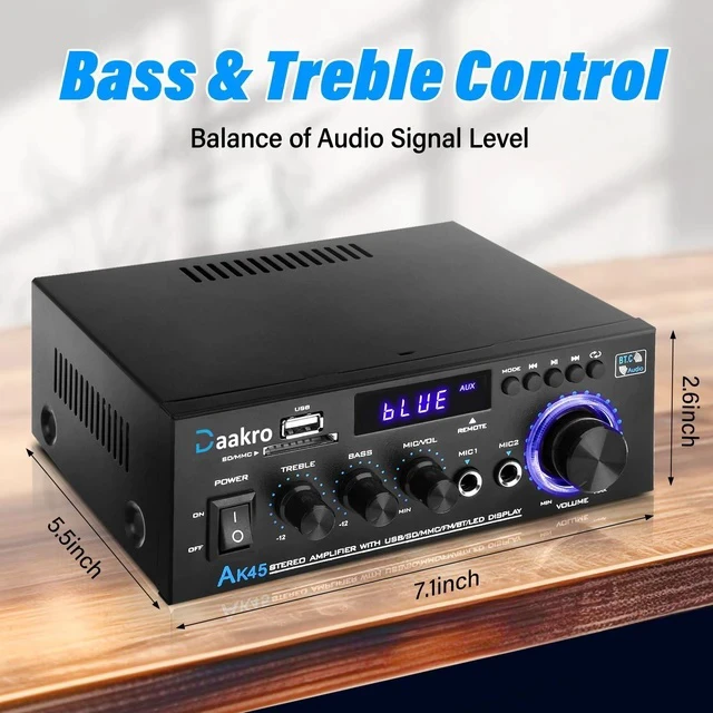 Alt view image 6 of 7 - AK45 Stereo Audio Amplifier,300W Home 2 Channel Wireless Bluetooth 5.0 Power Amplifier System, Home Amplifiers FM Radio, USB, SD Card, with Remote Control Home Theater Audio Stereo System