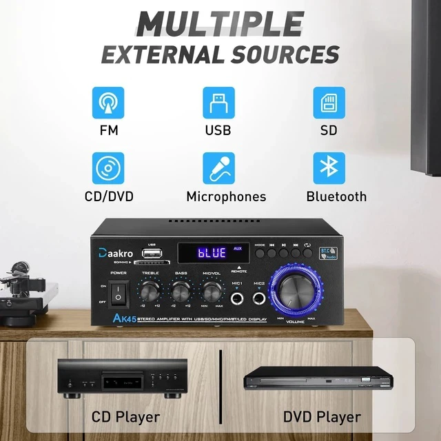 Alt view image 2 of 7 - AK45 Stereo Audio Amplifier,300W Home 2 Channel Wireless Bluetooth 5.0 Power Amplifier System, Home Amplifiers FM Radio, USB, SD Card, with Remote Control Home Theater Audio Stereo System