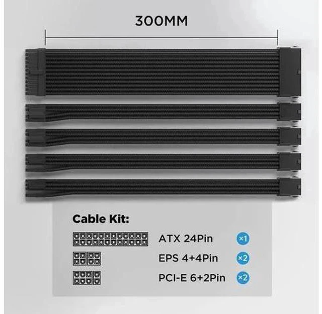 Alt view image 4 of 5 - 30cm Black Sleeved ATX PSU Extension Cable Kit with Cable Combs, 24Pin+2×EPS 8Pin(4+4)+2×PCIe 8Pin(6+2)