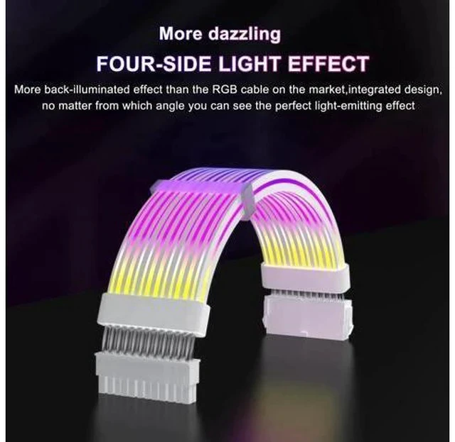 Alt view image 3 of 7 - White 24 Pin ARGB Motherboard PSU Extension Cable, 5V 3-Pin Addressable RGB 4-Sided Lighting PC Case Decor Cord