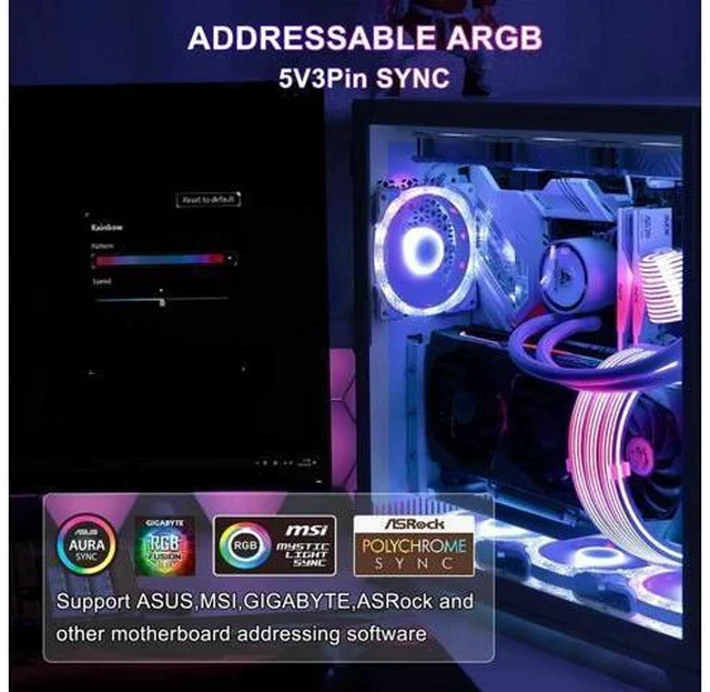 Alt view image 4 of 7 - White 24 Pin ARGB Motherboard PSU Extension Cable, 5V 3-Pin Addressable RGB 4-Sided Lighting PC Case Decor Cord