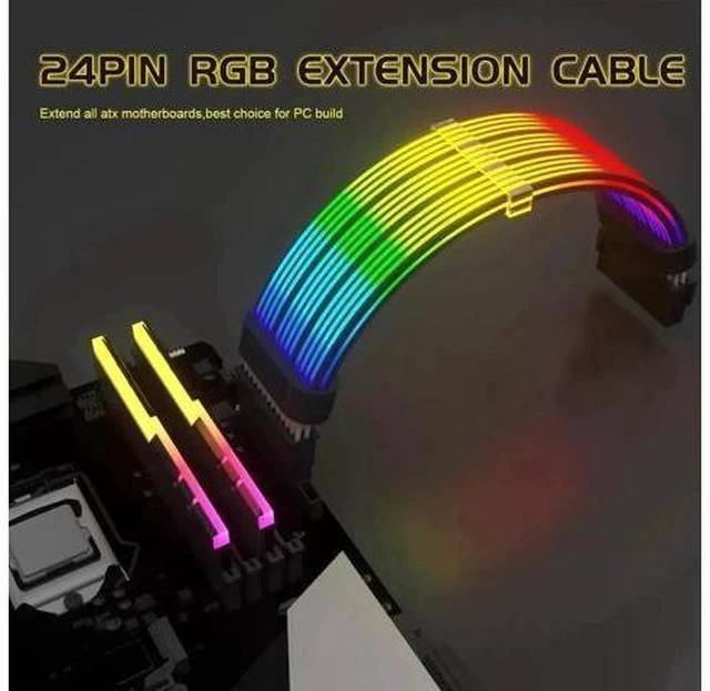 Alt view image 7 of 7 - 24Pin ARGB PSU Extension Cable, 5V 3Pin Addressable RGB Extension Cord, Black Custom Cable for PC Modding & Black Themed Chassis Builds