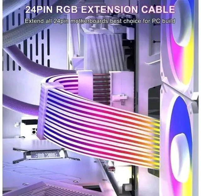 Alt view image 2 of 7 - White 24 Pin ARGB PSU Extension Cable, 5V 3Pin Addressable RGB Four-Sided Luminous Motherboard Power Supply Cord for PC Case Decoration