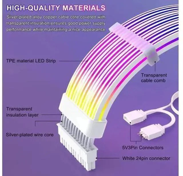 Alt view image 5 of 7 - White 24 Pin ARGB PSU Extension Cable, 5V 3Pin Addressable RGB Four-Sided Luminous Motherboard Power Supply Cord for PC Case Decoration
