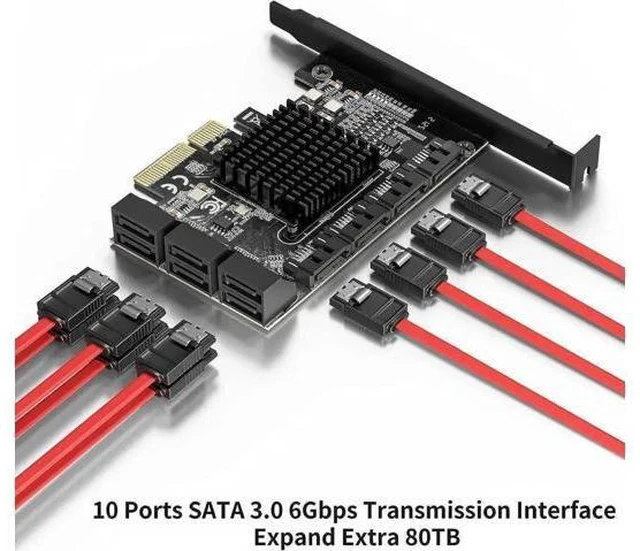 Alt view image 6 of 7 - 10 Port PCIe X4 SATA 3.0 Expansion Controller Card, 6Gbps Storage Adapter with 10 SATA Cables & 2 SATA Power Splitter Cables, Standard Bracket Included