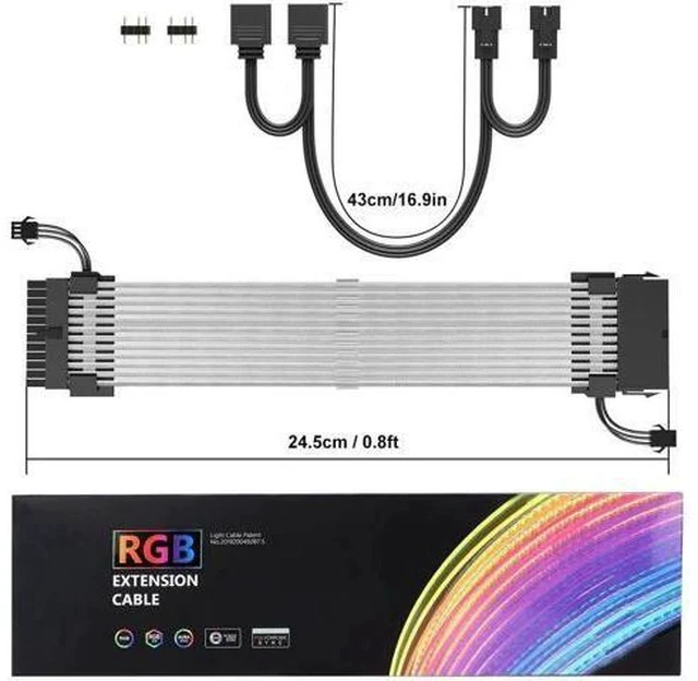 Alt view image 6 of 7 - 24 Pin ARGB PSU Extension Cable, Fiber Optic Ribbon Design with 24 LED Beads, White Aluminum Foil Braided, 0.8FT 5V 3Pin ARGB for Motherboard