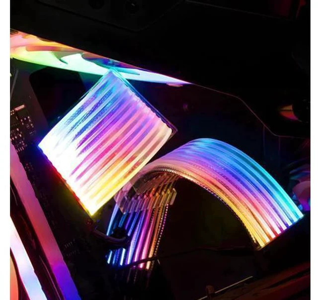 Alt view image 4 of 7 - 24 Pin ARGB PSU Extension Cable, Fiber Optic Ribbon Design with 24 LED Beads, White Aluminum Foil Braided, 0.8FT 5V 3Pin ARGB for Motherboard