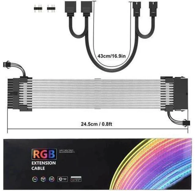Alt view image 6 of 7 - 24 Pin ARGB PSU Extension Cable, Fiber Optic Ribbon with 24 LED Beads, White Aluminum Foil Braided, 0.8FT 5V 3Pin ARGB Sync