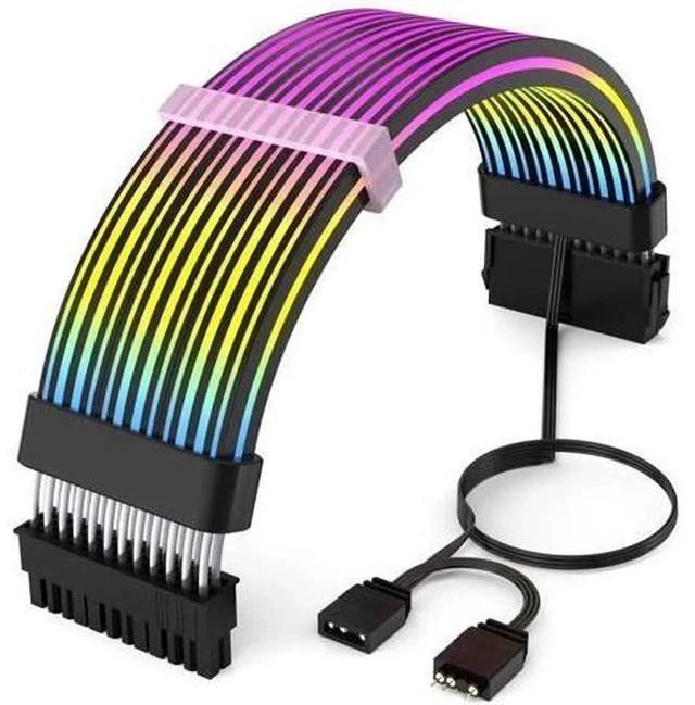 Main image of 24Pin ARGB PSU Extension Cable, 5V 3Pin Addressable RGB Motherboard Power Cord, Black Style for Black Themed PC Case Modding