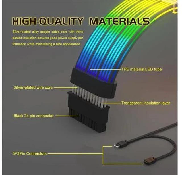 Alt view image 7 of 7 - 24Pin ARGB PSU Extension Cable, 5V 3Pin Addressable RGB Motherboard Power Cord, Black Style for Black Themed PC Case Modding