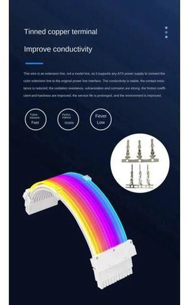 Alt view image 3 of 7 - RGB Luminous 24Pin ATX Power Extension Cable, Dual-Head Acousto-Optic Sync Fiber Optic Glow Cord, 18AWG Tinned Copper, 245mm