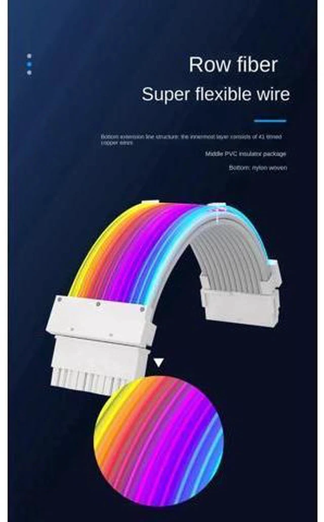 Alt view image 6 of 7 - RGB Luminous 24Pin ATX Power Extension Cable, Dual-Head Acousto-Optic Sync Fiber Optic Glow Cord, 18AWG Tinned Copper, 245mm