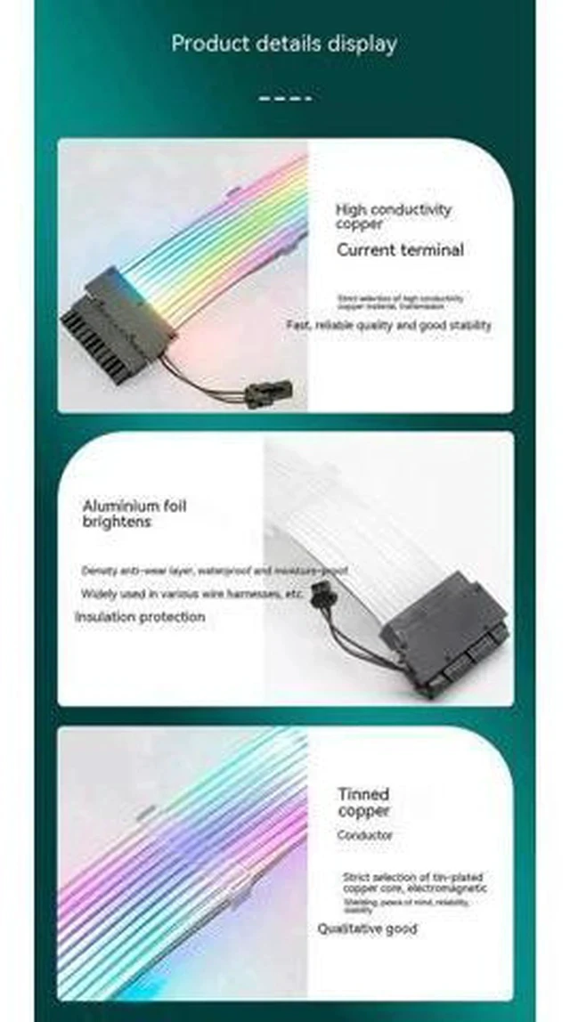 Alt view image 3 of 6 - 24Pin Dual-Head ARGB Luminous PSU Extension Cable, 18AWG (41×0.16mm Tinned Wire) Synchronized RGB Harness for Motherboard & GPU
