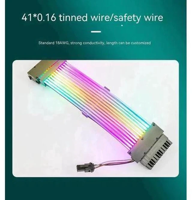 Alt view image 4 of 6 - 24Pin Dual-Head ARGB Luminous PSU Extension Cable, 18AWG (41×0.16mm Tinned Wire) Synchronized RGB Harness for Motherboard & GPU