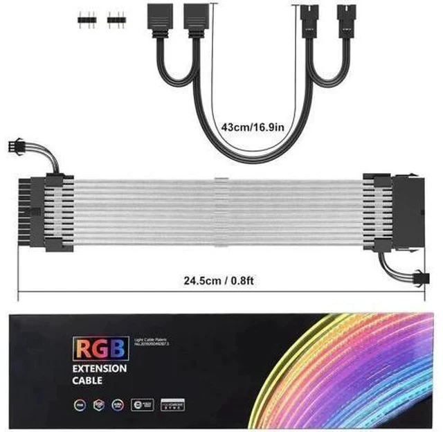Alt view image 2 of 7 - White 24 Pin ARGB PSU Extension Cable, Aluminum Foil Braided, Ribbon Fiber Optic with 24 LED Beads, 5V 3-Pin Addressable RGB Sync for Custom PC Builds