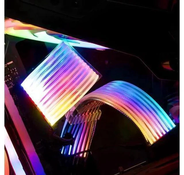 Alt view image 6 of 7 - White 24 Pin ARGB PSU Extension Cable, Aluminum Foil Braided, Ribbon Fiber Optic with 24 LED Beads, 5V 3-Pin Addressable RGB Sync for Custom PC Builds