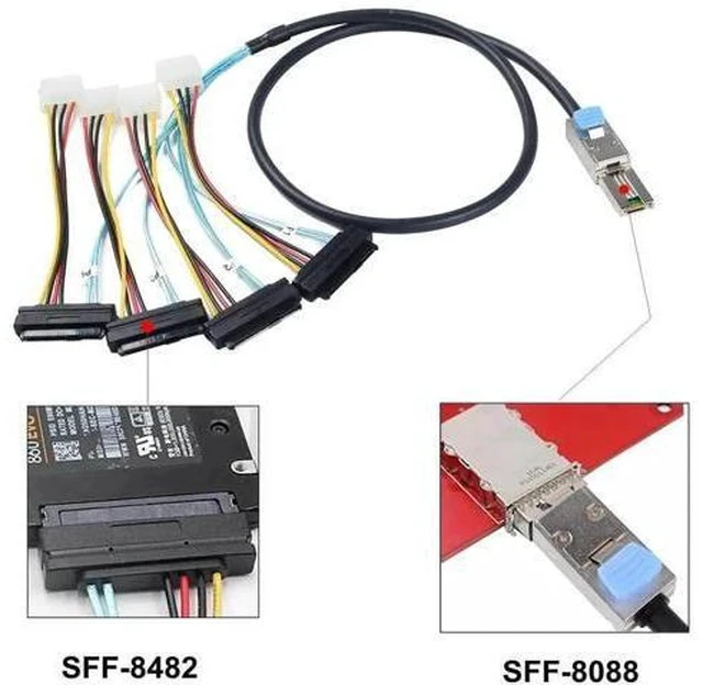 Alt view image 6 of 6 - 2 Pack SFF-8088 26Pin to 4×SFF-8482 29Pin Mini SAS Breakout Cable 1M(3.3FT), External Mini SAS Cable with Integrated Power for SAS SATA HDD SSD RAID Storage Servers