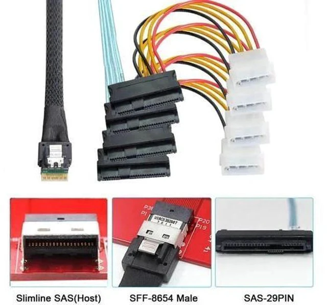 Alt view image 2 of 7 - Slimline SAS 4.0 Fanout Breakout Cable, SFF-8654 4i 38Pin Host to 4×SFF-8482 29Pin SAS Data+Power Integrated Connector, Internal Server RAID Hard Drive Interconnect Cable
