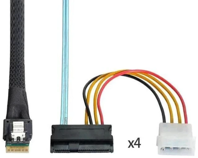 Alt view image 3 of 7 - Slimline SAS 4.0 Fanout Breakout Cable, SFF-8654 4i 38Pin Host to 4×SFF-8482 29Pin SAS Data+Power Integrated Connector, Internal Server RAID Hard Drive Interconnect Cable