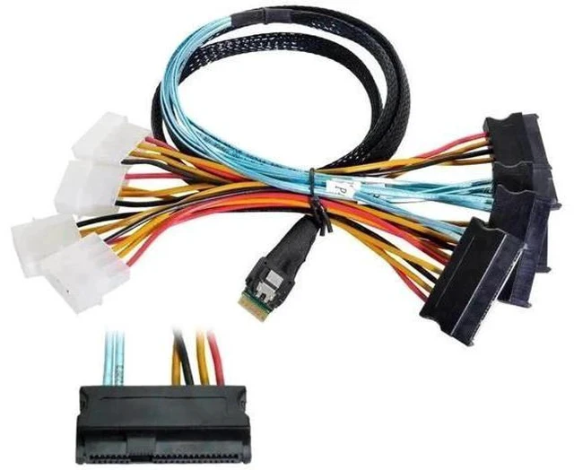 Alt view image 6 of 7 - Slimline SAS 4.0 Fanout Breakout Cable, SFF-8654 4i 38Pin Host to 4×SFF-8482 29Pin SAS Data+Power Integrated Connector, Internal Server RAID Hard Drive Interconnect Cable