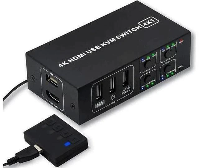 Main image of 4x1 HDMI KVM Switch 4 Ports, 4 PCs Share One 4K@60Hz Monitor, One-Button Control, Comes with 4 USB Cables & 1 Power Cable