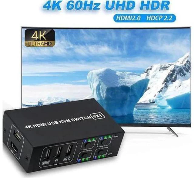 Alt view image 7 of 7 - 4x1 HDMI KVM Switch 4 Ports, 4 PCs Share One 4K@60Hz Monitor, One-Button Control, Comes with 4 USB Cables & 1 Power Cable