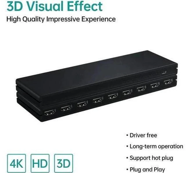 Alt view image 5 of 6 - 1 in 8 Out HDMI Splitter, 1x8 HDMI Audio Video Distributor Box Supports 4K@30Hz 3D Full HD for HDTV Projector STB DVD PS3, with USB Power Cable