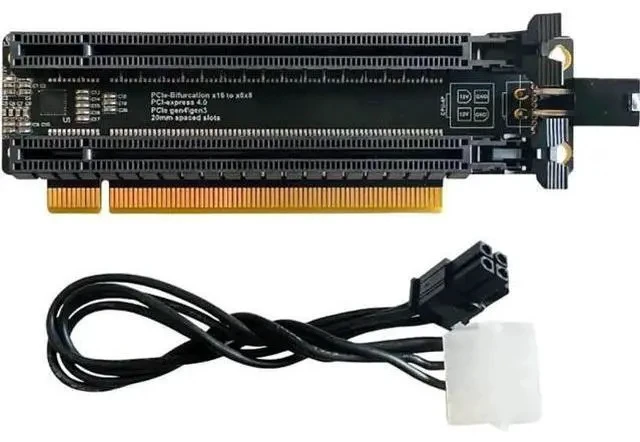 Alt view image 4 of 6 - PCIe 4.0 x16 to x8×8 Bifurcation Splitter Card, 1-to-2 PCIe Expansion Board, 20mm Slot Pitch, CPU 4Pin Power Port + Matching 4Pin Cable