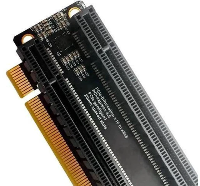 Alt view image 4 of 5 - PCIe 4.0 x16 Bifurcation Expansion Card, 1-to-2 Split x16 to x8x8 Adapter, 20mm Slot Spacing, CPU 4Pin Aux Power Port with Matching 4Pin Cable