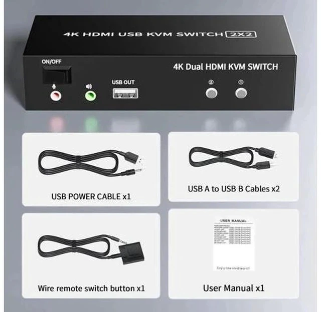 Alt view image 2 of 7 - 2x2 Dual Monitor HDMI KVM Switch 4K@60Hz, 2 Port KVM Switcher with 5 USB 2.0 Ports, Wired Remote & USB Power Cable for 2 PCs to Share Two Displays